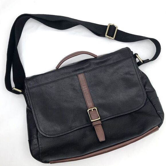 Fossil Black Leather Evan Commuter Satchel Messenger Bag - Picture 1 of 16